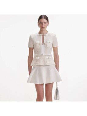 self portrait white crepe diamante mini dress NEW NWT Self Portrait White Crepe Diamante Trim Mini Dress size 4 Small